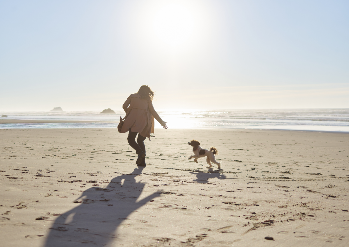A lady running on a South Devon Beach with her dog