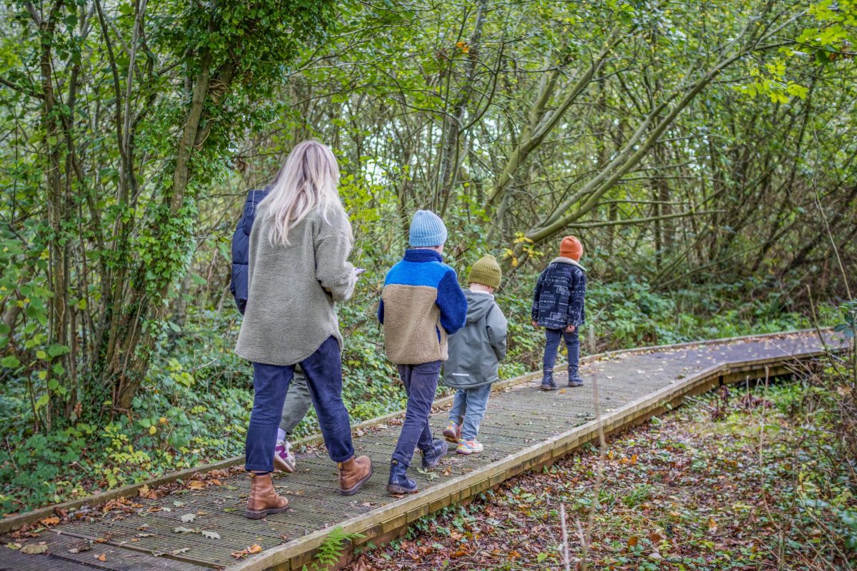 Family enjoying an Autumnal walk through the woods