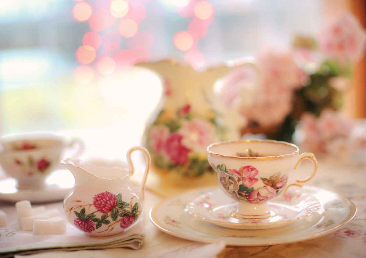 Traditional patterned bone china tea set in a traditional Devon tea room