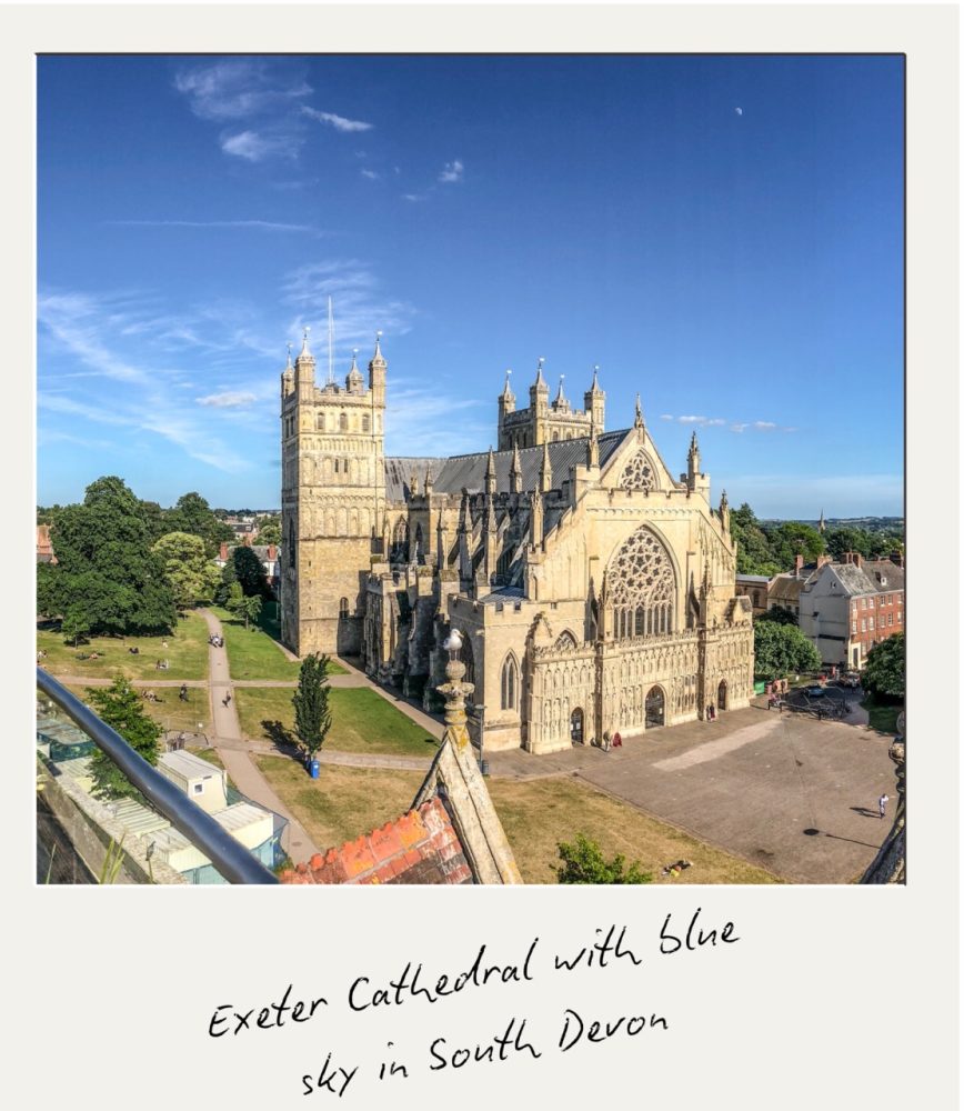 Exeter Cathedral with blue sky in South Devon