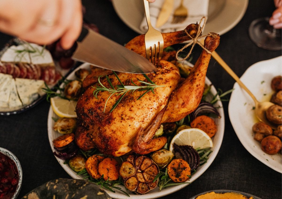 Traditional roast chicken Sunday lunch in a South Devon restaurant