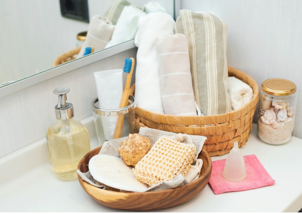 Bathroom essentials set out on the bathroom counter
