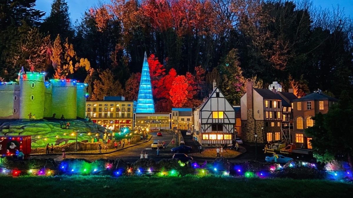 Babbacombe Model Village scene lit up for a night time visit