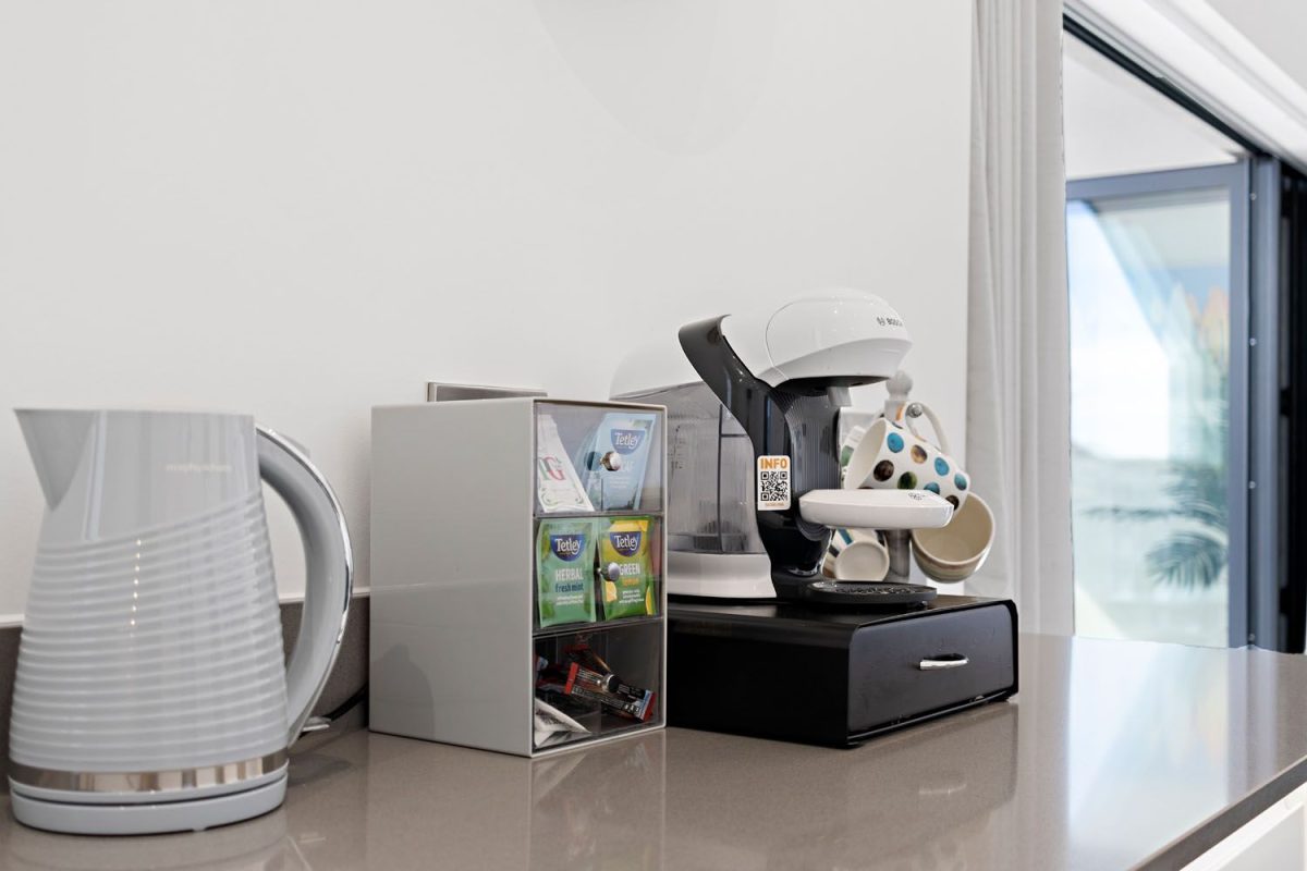 Tea and coffee making facilities in a kitchen of a holiday home in South Devon