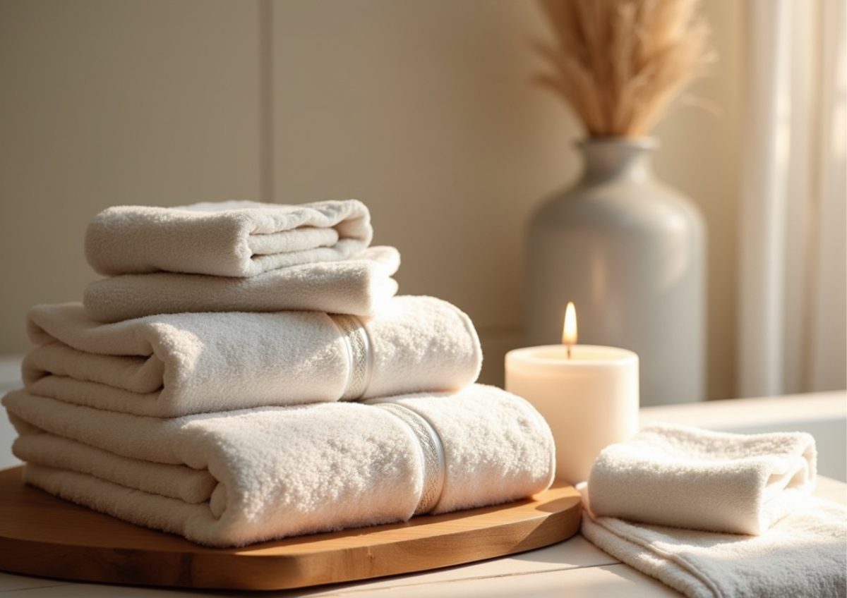 A stack of freshly laundered towels and a lit candle in a holiday home in South Devon