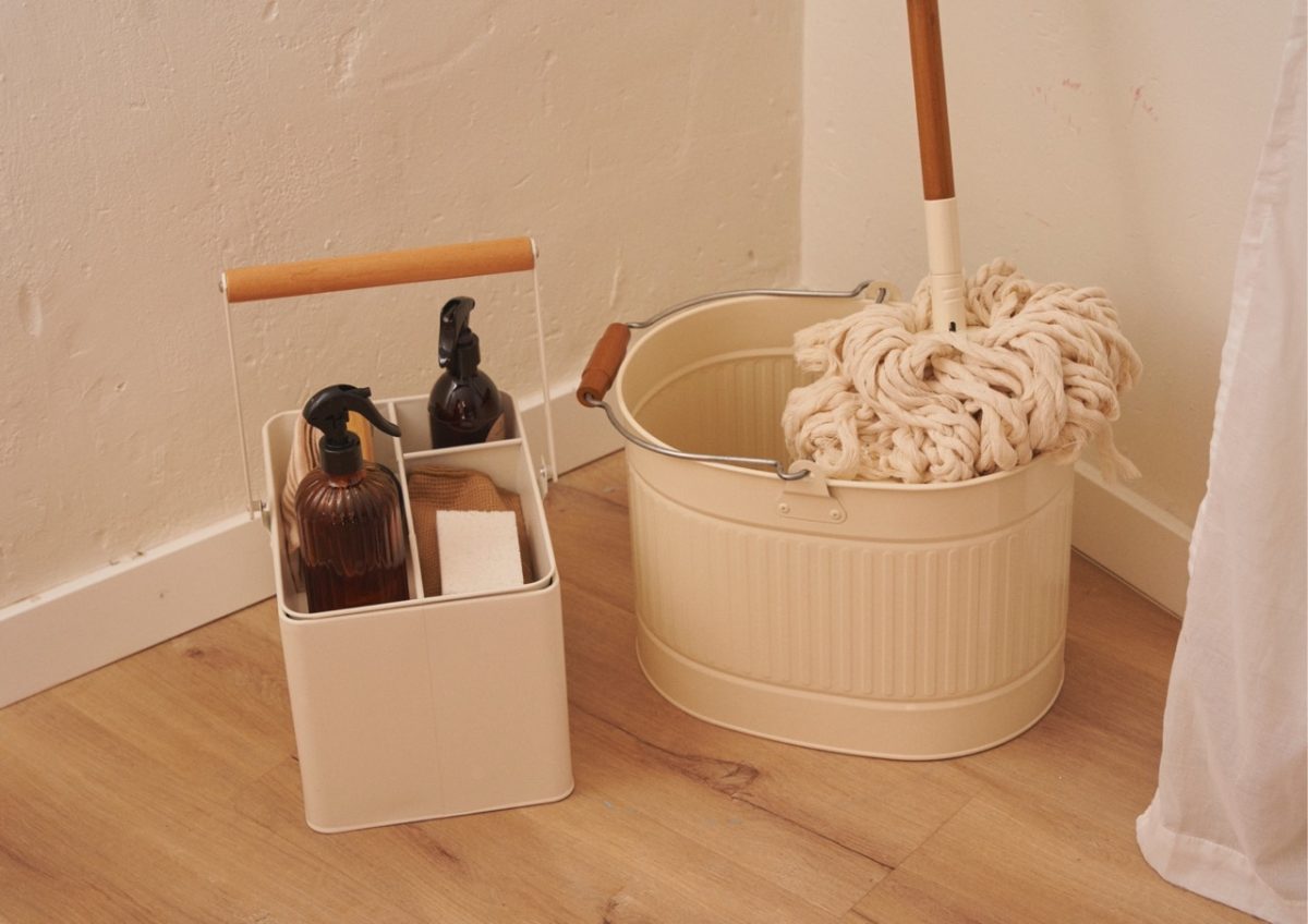 A mop and bucket with cleaning equipment in a holiday home in South Devon