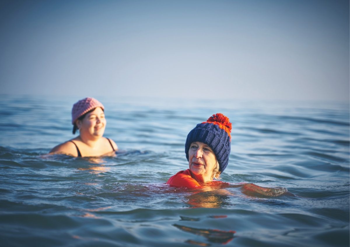 Ladies enjoying a winter's day swim in South Devon
