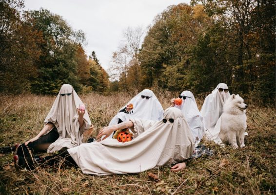 People wearing sheets and sunglasses pretending to be ghosts with their dog and drinks in a field
