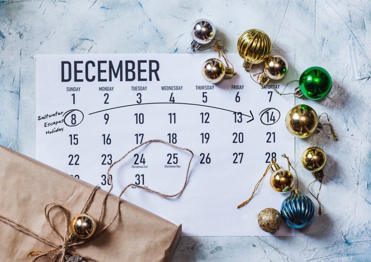 A calendar marked with a winter holiday with Saltwater Escapes in South Devon