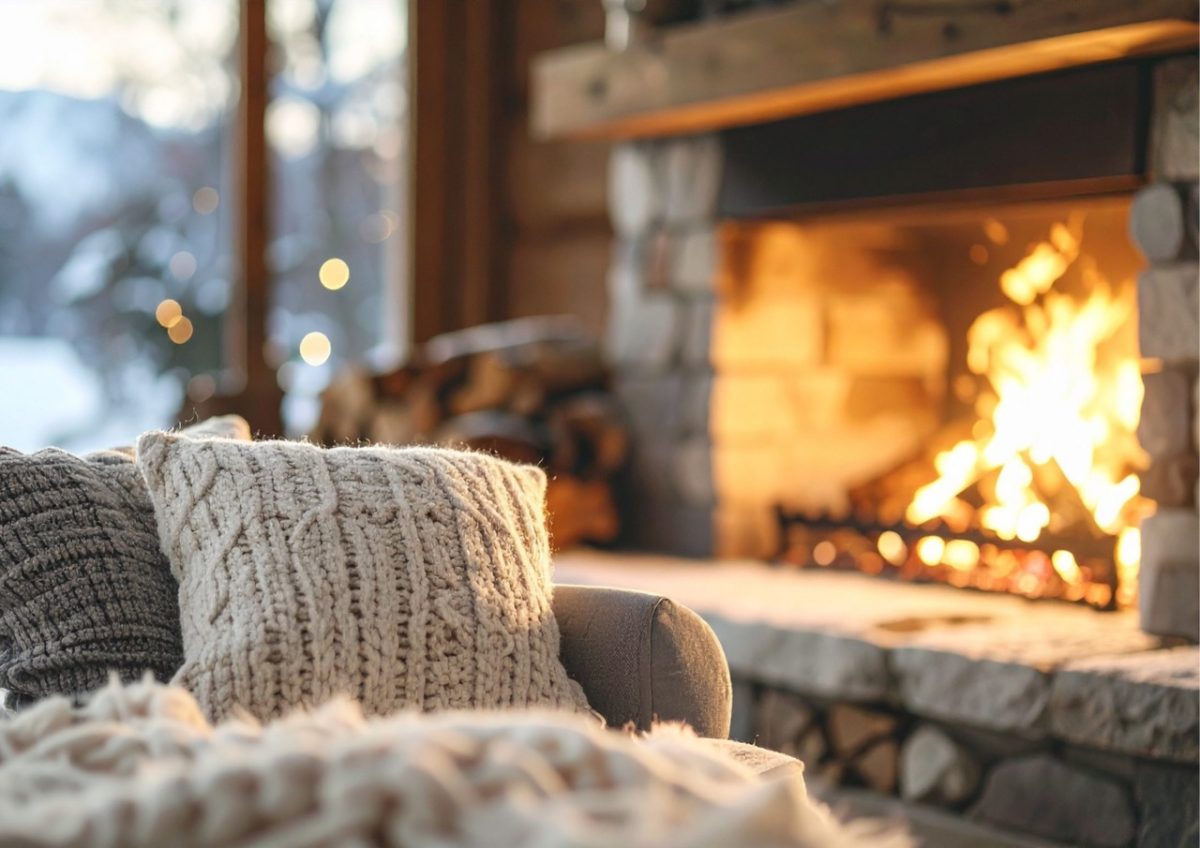 Warm and cosy lounge in a South Devon holiday property, featuring a crackling log fire and comfortable seating.
