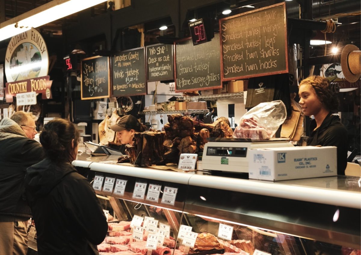 A busy farm shop in South Devon selling meats and cheese